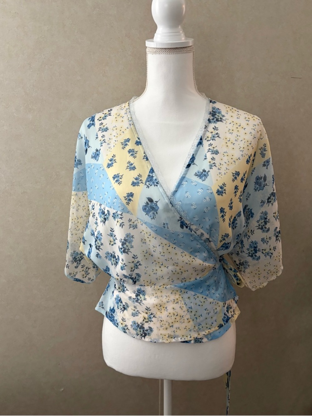 Floral Patchwork Wrap Blouse in Blue and Cream